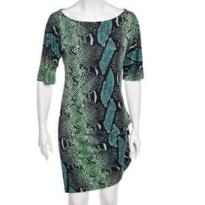 DIANE VON FURSTENBERG 100% silk stretch green black snakeskin print dress